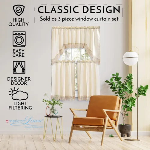 Vista 5 de American Linen - Cortinas para cafetería para cocina, cortinas de baño con cenefa, borde de encaje bordado. (Beige) Incluye cenefa a juego