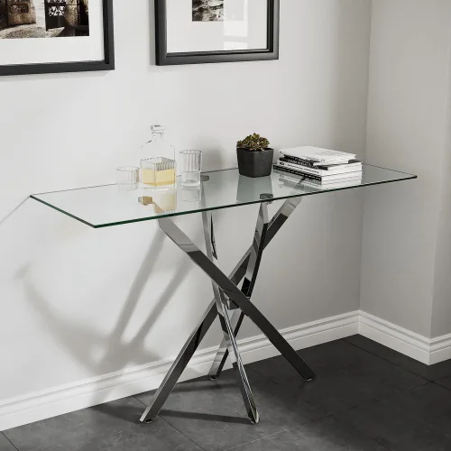 Vista 5 de Mesa consola de vidrio templado con patas cromadas, moderna mesa de sofá estrecha para entrada de pasillo (plateado, 39 x 18 x 30 pulgadas)