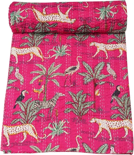 Vista 7 de Marubhumi Edredón tradicional indio de algodón puro con estampado de selva Kantha, funda de cama, colcha Kantha con estampado de animales, Gris