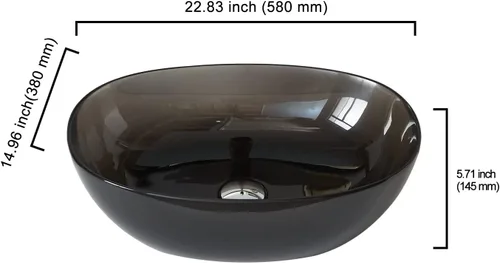 Vista 6 de Cpingao Fregadero ovalado translúcido de 23 x 15 pulgadas para gabinete, encimera de resina de piedra en forma de barco para lavabo con drenaje Negro