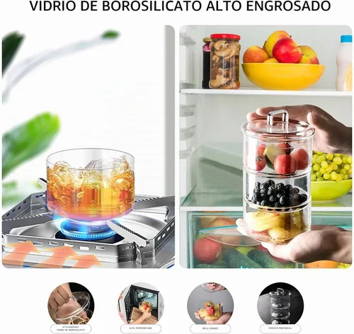 Vista 4 de Tarros de almacenamiento de vidrio con tapas, contenedores apilables de varios niveles, recipientes de alimentos para cocina, dulces, tarros