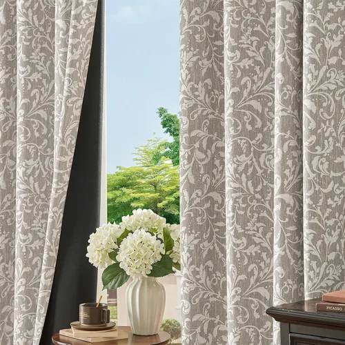Vista 9 de jinchan Cortinas opacas para dormitorio, cortinas con estampado floral de pergamino gris topo de 84 pulgadas de largo para sala de estar, cortinas