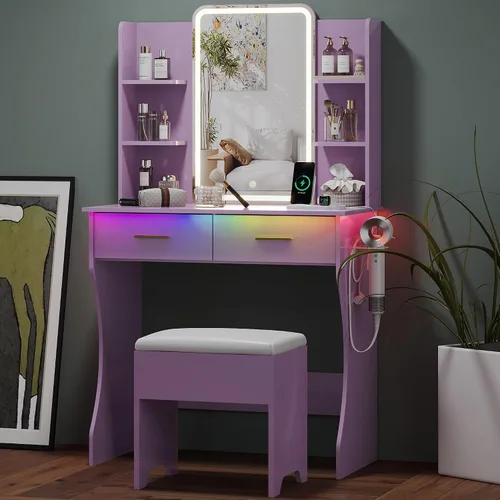 Vista 17 de HUANLEGO Pequeño escritorio rosa con espejo y luces para mujeres y niñas