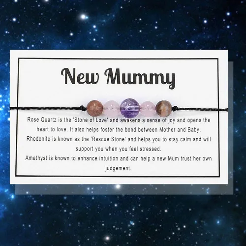 Vista 2 de Pulsera de cuentas de cristal de amatista de chakra curativo con tarjeta de deseos de cuidado, ajustable, espiritual, ansiedad, amor, amistad