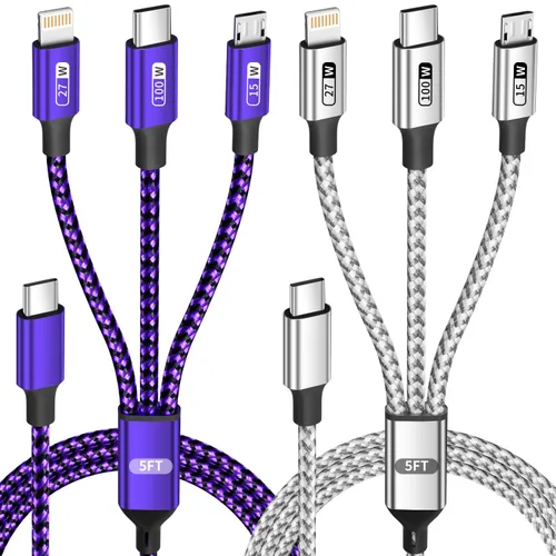 Vista 40 de Cable de carga múltiple, (paquete de 2 cables de 4 pies), cable de carga 3 en 1 para múltiples dispositivos, cable de carga universal de nailon Rosa