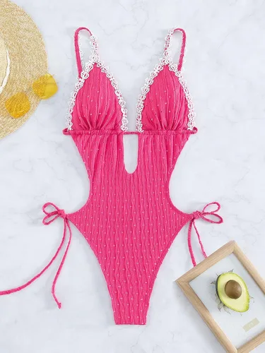 Vista 5 de MakeMeChic Traje de baño sexy de una pieza con ojales bordados y lazo lateral para mujer