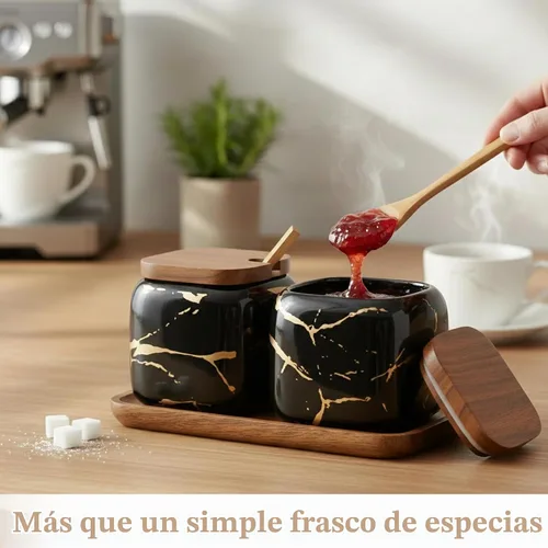 Vista 7 de EIMQUVW Juego de 2 tarros de cerámica de mármol para condimentos, cuencos de sal de azúcar y condimentos con tapas de madera, cuchara de madera