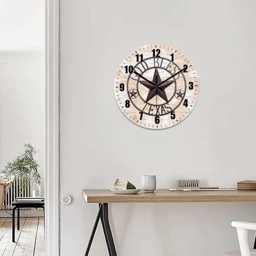 Vista 6 de Reloj de pared antiguo con estrella del oeste de Texas vintage, reloj de madera sin tictac, silencioso, funciona con pilas, fácil de leer, elegante