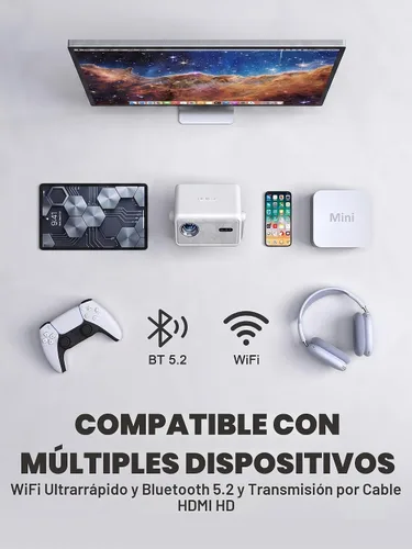 Vista 6 de [Ahora con Netflix y 3600ANSI] Proyector inteligente 4K con WiFi y Bluetooth, enfoque automático y mini proyector Keystone con soporte, proyector