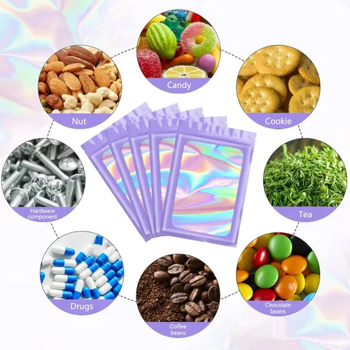 Vista 4 de Funfery 100 bolsas holográficas Mylar moradas, cremallera resellable y Morado