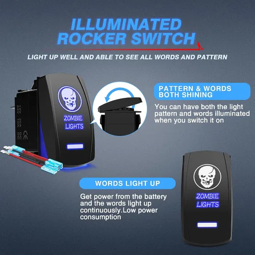 Vista 2 de MicTuning MIC-LSK1 Interruptor de luces con símbolo de zombie, con encendido y apagado, luces ledes, 20A, 12V, azul