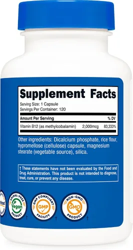 Vista 4 de Nutricost Vitamina B12 (Metilcobalamina) 2000mcg, 120 Cápsulas - Cápsulas Vegetarianas, Sin OGM, Suplemento de B12 Sin Gluten