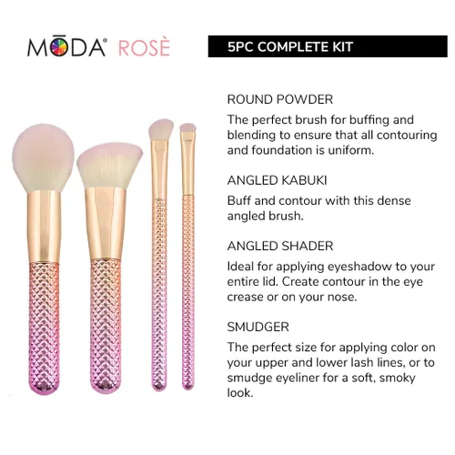 Vista 6 de MODA Juego de brochas de maquillaje de rosas metálicas, kit completo para rostro y ojos, filamentos sintéticos veganos, brochas de base, polvo