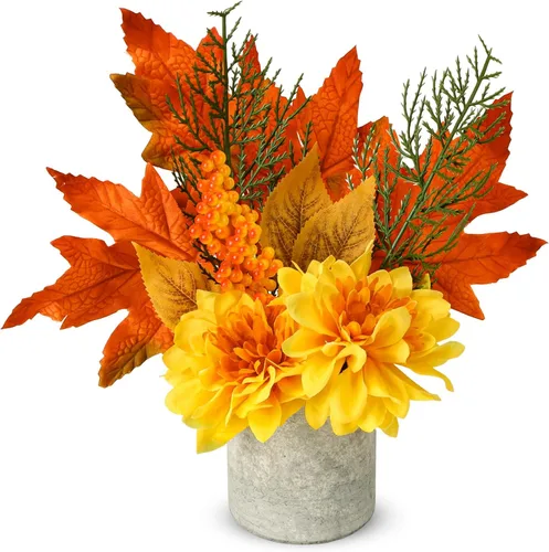 Vista 7 de COCOBOO Flores artificiales de otoño, dalia de otoño, flores falsas con arce rojo para cosecha de Acción de Gracias, decoración del baño del hogar