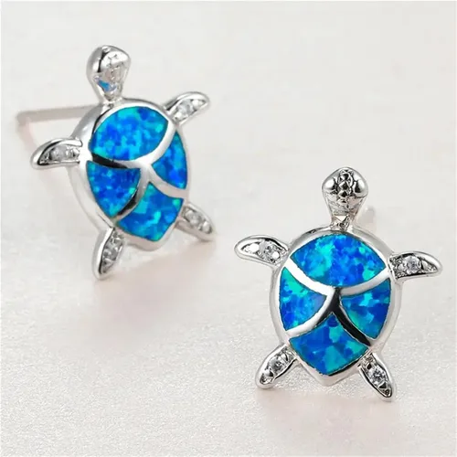 Vista 5 de Juego de collar y aretes de tortuga marina de ópalo para mujeres y niñas, hipoalergénicos, delicados, lindos animales del océano, piedra natal azul