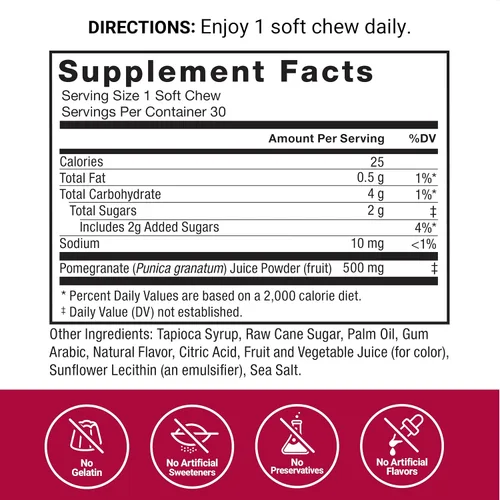 Vista 4 de Force Factor Masticables suaves de granada para el envejecimiento saludable, salud del corazón, salud ósea y salud cerebral, suplemento