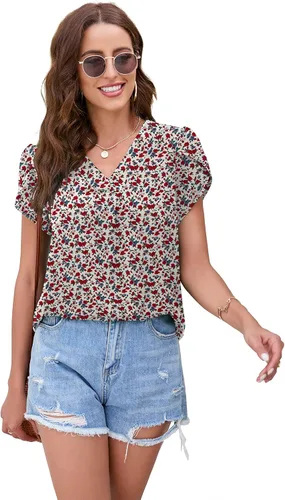 Vista 4 de TASAMO Blusas de gasa con cuello en V dividido para mujer, de verano, holgadas, de manga corta