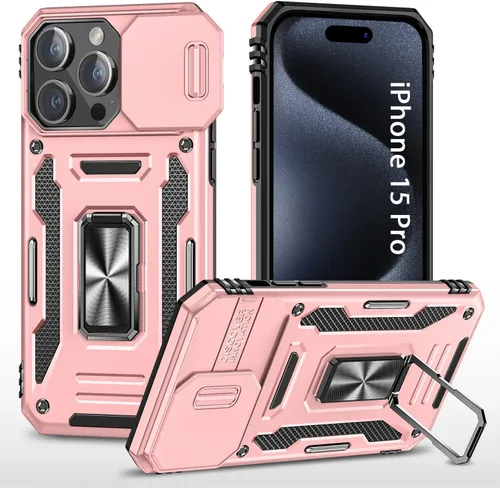 Vista 6 de Funda para iPhone 15 Pro iPhone 15 Pro con cubierta deslizante para cámara protectora con soporte de anillo, resistente a los golpes y a prueba
