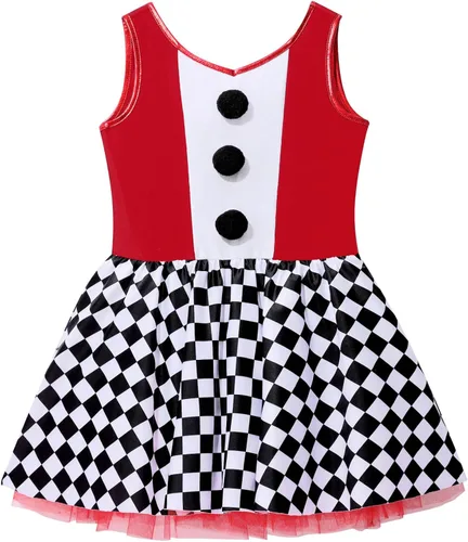 Vista 3 de JEATHA Vestido de leotardo de malla sin mangas con tutú para niñas, disfraz de payaso para Halloween, espectáculo de circo
