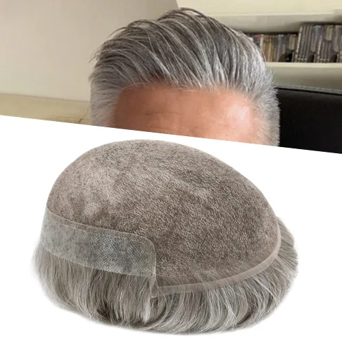 Vista 21 de Tupé para hombre con encaje suizo para hombre, sistema de reemplazo de cabello humano real, extensiones de nudo blanqueado para prótesis de cabello