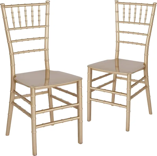 Vista 3 de BizChair Paquete de 2 sillas Chiavari apilables de resina dorada, asientos para hospitalidad y eventos