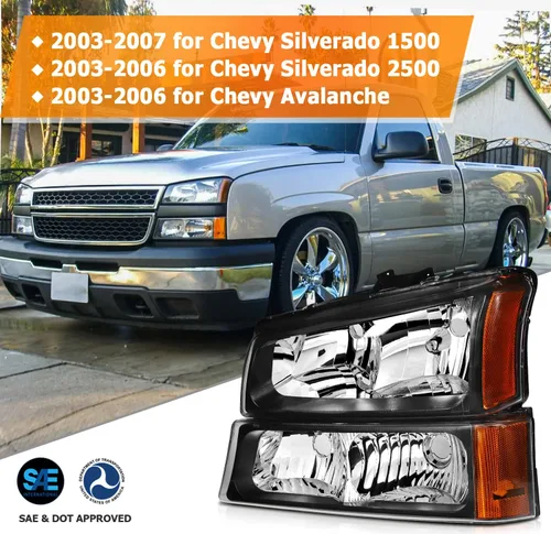 Vista 2 de Conjunto de faros delanteros para Chevy Avalanche 1500 2003-2006 para Avalanche 2500 03-06 para 1500 Classic 2007 carcasa negra reflector ámbar