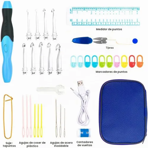 Vista 5 de Vidillo Juego de luces de ganchillo con funda, ganchos ergonómicos recargables iluminados, 9 ganchos intercambiables con una funda de ganchillo