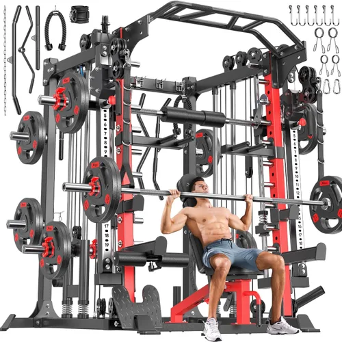 Vista 13 de Rack Multiusos para Sentadillas, Conjunto de Rack de Pesas Smith Machine con Sistema de Crossover de Cables, Racks de Potencia para Gimnasio