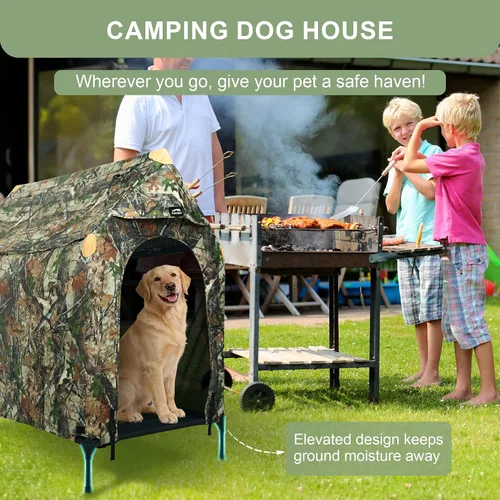 Vista 7 de Casa para perros al aire libre, perrera con toldo, tienda de campaña impermeable y transpirable para perros medianos, refugio plegable para perros