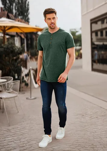 Vista 5 de PEGENO Camisetas de algodón de manga corta con solapa frontal casual para hombre