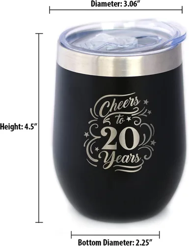 Vista 4 de Cheers to 20 Years - Vaso de vino con tapa deslizante - Taza aislada de acero inoxidable - Regalo para el 20 aniversario - Negro
