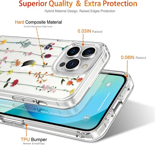 Vista 4 de Funda para iPhone 13 Pro Max con protector de pantalla, 6.7 pulgadas, transparente, a prueba de golpes, diseño floral, para niñas y mujeres
