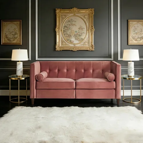 Vista 10 de Sofá de terciopelo de 78 pulgadas, sofá de 3 plazas con almohadas de refuerzo, diseño copetudo con botones Azul