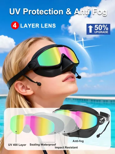 Vista 4 de Gafas de natación para adultos con cubierta de nariz para hombres y mujeres, paquete de 2 gafas de natación de visión amplia, antivaho, UV, sin
