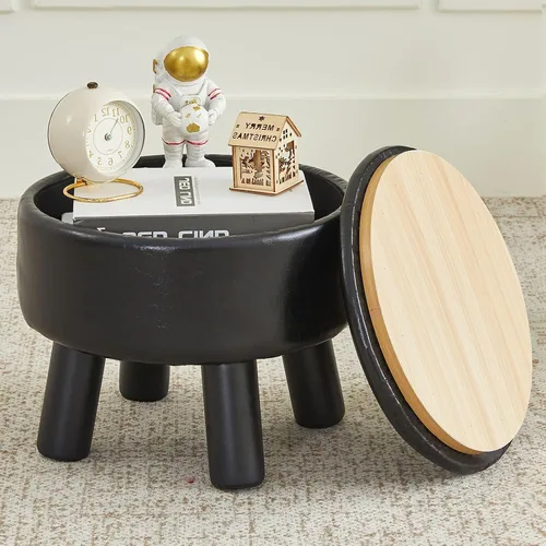 Vista 18 de Taburete pequeño otomano con almacenamiento, reposapiés otomano Sherpa para sofá, reposapiés redondo con almacenamiento, otomanas pequeñas y Negro