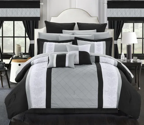 Vista 2 de Chic Home Danielle - Juego de edredón negro en una bolsa, tamaño King (24 piezas), ropa de cama bordada con bloques de color, edredón, sábanas