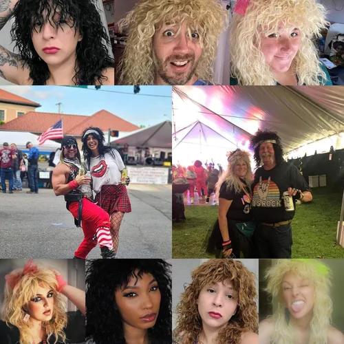 Vista 5 de Peluca larga y rizada negra de los años 70 y 80, peluca punk de metal pesado Rock Cosplay para hombres y mujeres pelucas