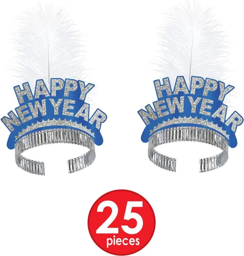 Vista 4 de Beistle Surtido azul ártico para 50 personas – Kit de fiesta de Nochevieja con adornos de terciopelo blanco, tiaras plumadas con purpurina, cuernos