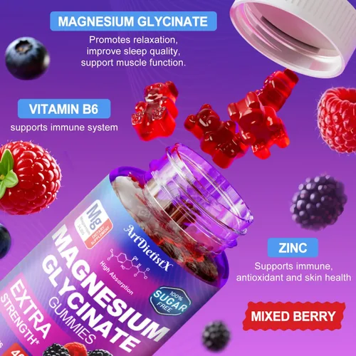 Vista 3 de Gomitas de glicinato de magnesio 400mg, gomitas de magnesio sin azúcar para adultos con malato de magnesio, zinc y vitamina B6 para dormir, apoyo