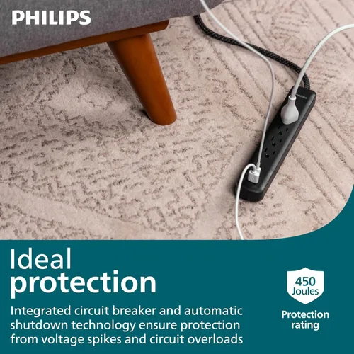 Vista 3 de Philips Protector de sobretensiones de 4 tomas, cable trenzado de 4 pies, 1 USB-C, 1 USB-A, cable de extensión, tira de alimentación, para el hogar