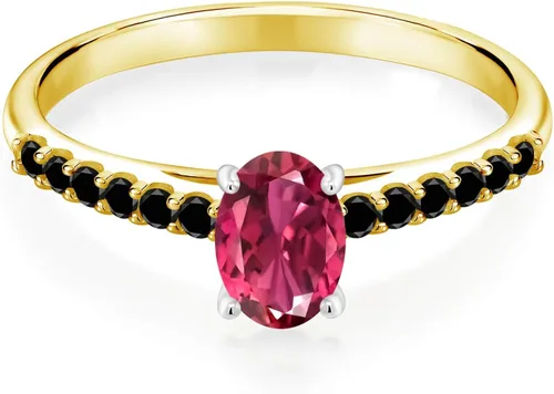Vista 2 de Gem Stone King 058 Ct Pink Tourmaline AAA Black Diamond Anillo de oro amarillo de 10 K con puntas de oro blanco