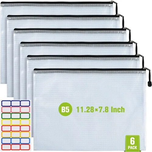 Vista 9 de Bolsa de malla con cremallera, 6 bolsas de malla de plástico impermeable con cremallera, bolsa de documentos tamaño A3, bolsas de archivos