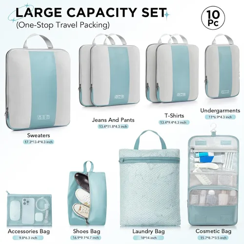 Vista 2 de Juego de 10 cubos de compresión para artículos esenciales de viaje, cubos de embalaje expandibles compresibles para maleta, bolsas organizadoras