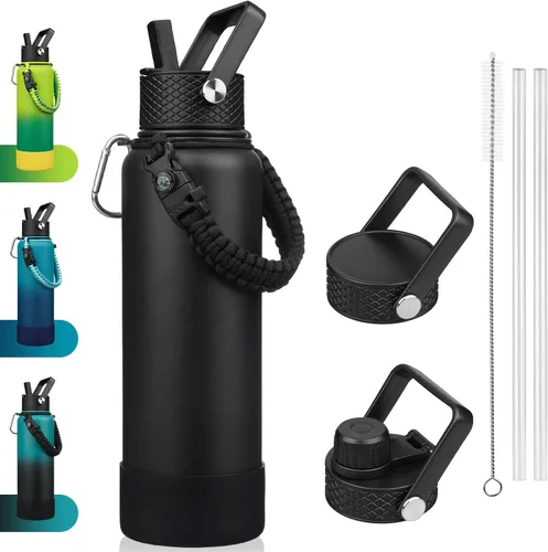 Vista 8 de BJPKPK - Botella de agua con tapa de popote, botellas de agua aisladas de 18 onzas con 3 tapas, asa de cuerda de paracaídas y base antideslizante