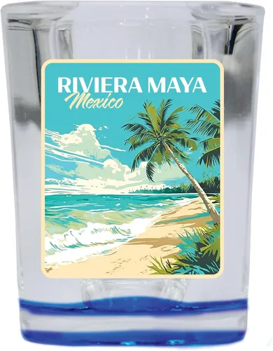 Vista 5 de Riviera Maya Mexico Design C Souvenir - Vaso de chupito cuadrado de 2.5 onzas, base azul, paquete de 2