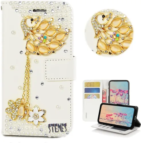 Vista 10 de Bling - Funda tipo cartera compatible con Samsung Galaxy S21 Ultra, elegante funda de piel con diseño de libélula y mariposa 3D hecha a mano con Azul