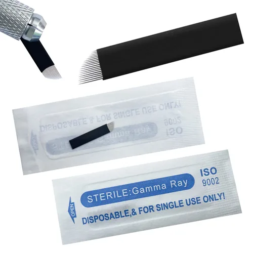 Vista 7 de Agujas de microblading de 0.007 in, agujas desechables de tatuaje de cejas para máquina de maquillaje permanente Manual de suministros (Negro S7)