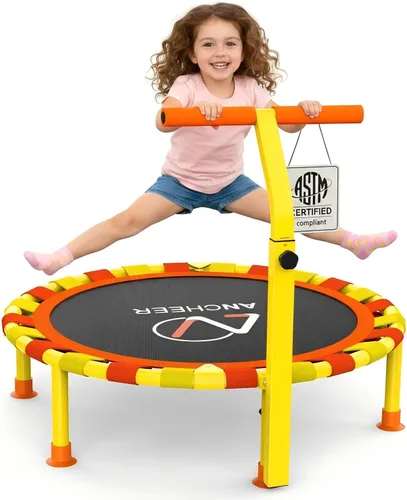 Vista 11 de ANCHEER Trampolín infantil de 38 pulgadas, mini trampolín de capacidad de 150 libras para niños de 1 a 6 años, mango ajustable, plegable y fácil
