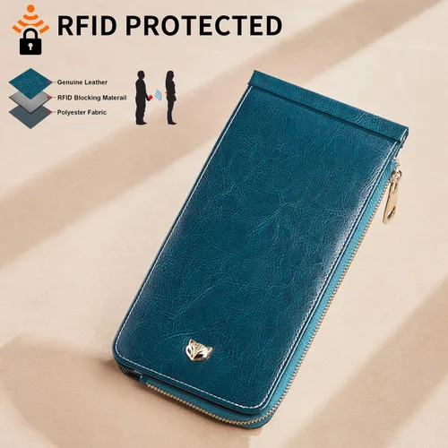 Vista 6 de FOXLOVER Portatarjetas de crédito múltiples para mujer, con bloqueo RFID, cartera de cuero para mujer con bolsillo con cremallera, Azul