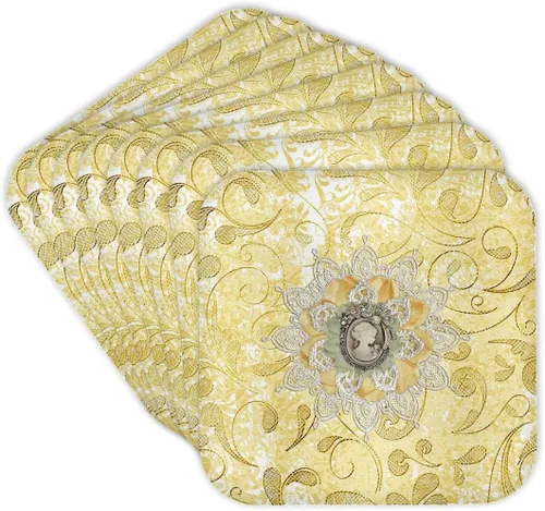 Vista 8 de 3dRose Image of Cameo in Gold, Yellow Lace Flora Design Set of 4 Coasters - Cork